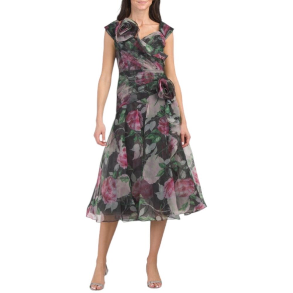 TERI JON Off The Shoulder Floral Tea-length Dress